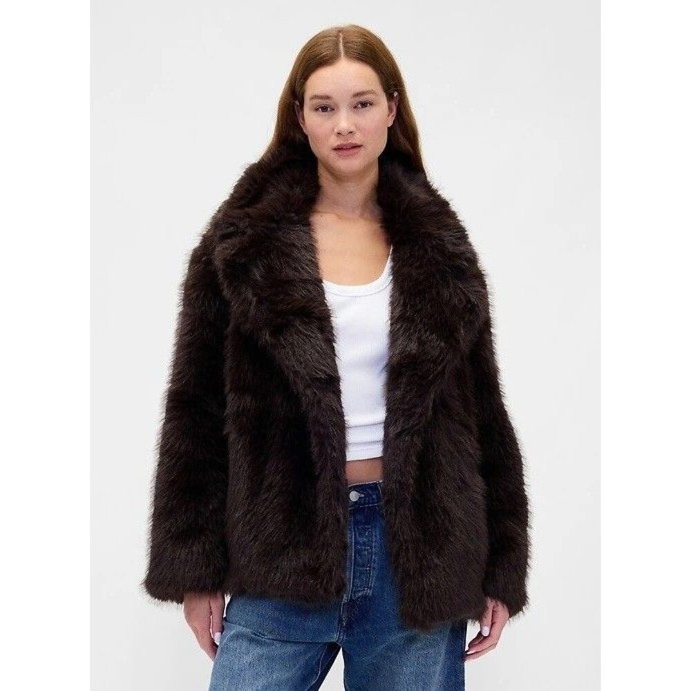 NWT Gap Faux Fur Coat Terra Brown Size L Women's Winter Jacket Luxury Outerwear